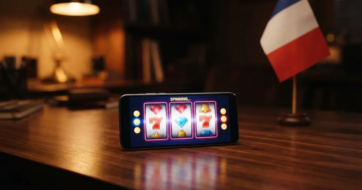 Symbole de la réglementation française des jeux d'argent en ligne, avec un drapeau français en arrière-plan, sans marque de casino visible