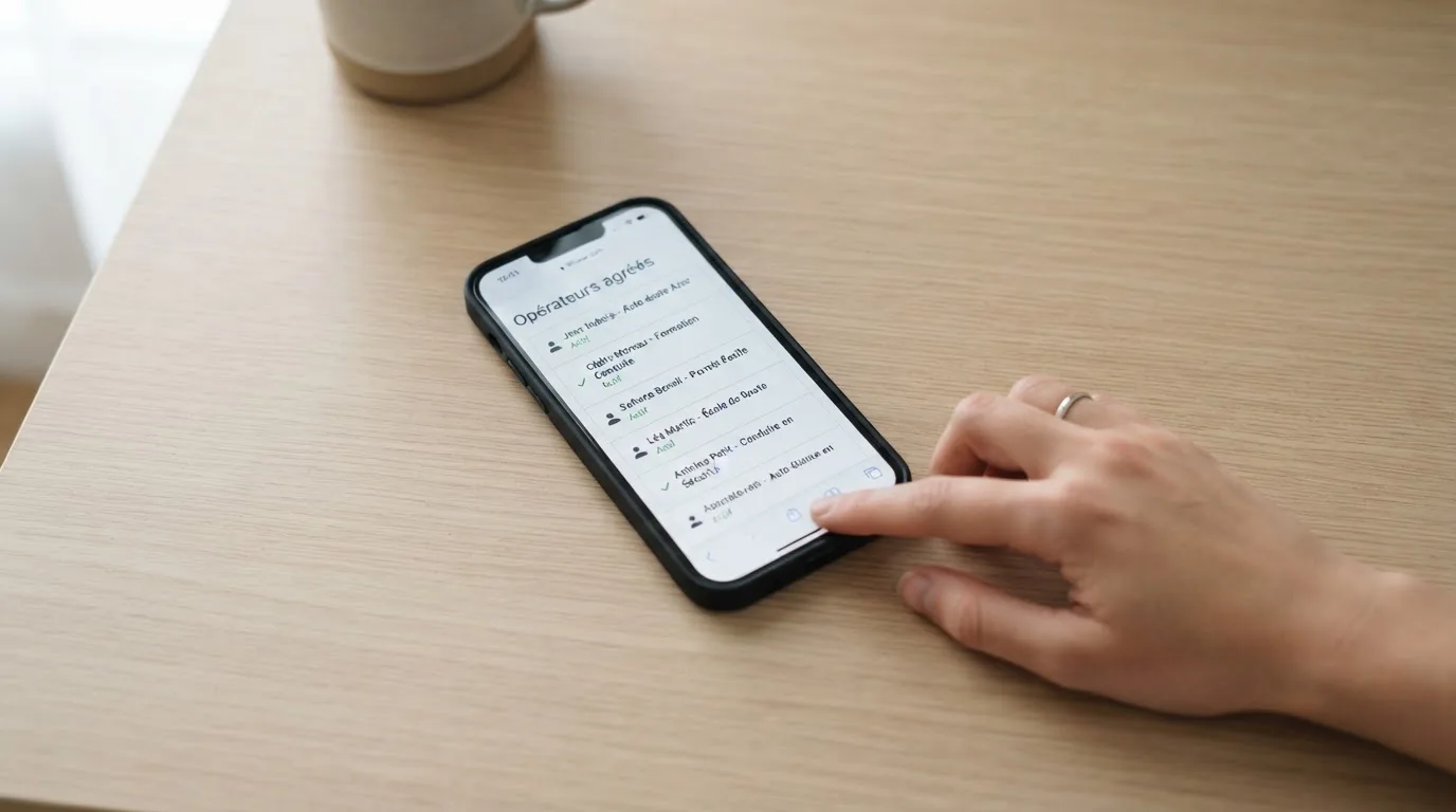 document officiel stylisé représentant un agrément ANJ consulté sur smartphone