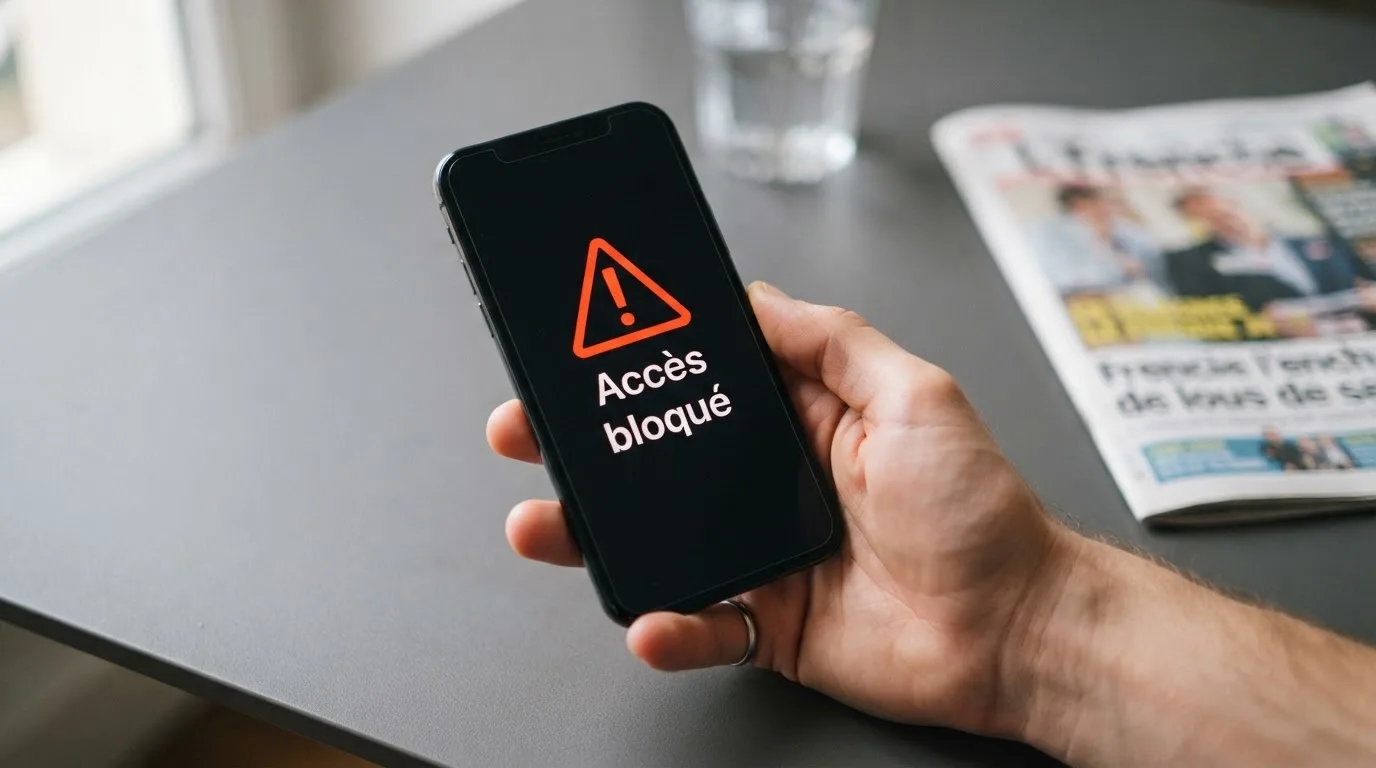Main tenant un smartphone affichant un message d'avertissement d'accès bloqué
