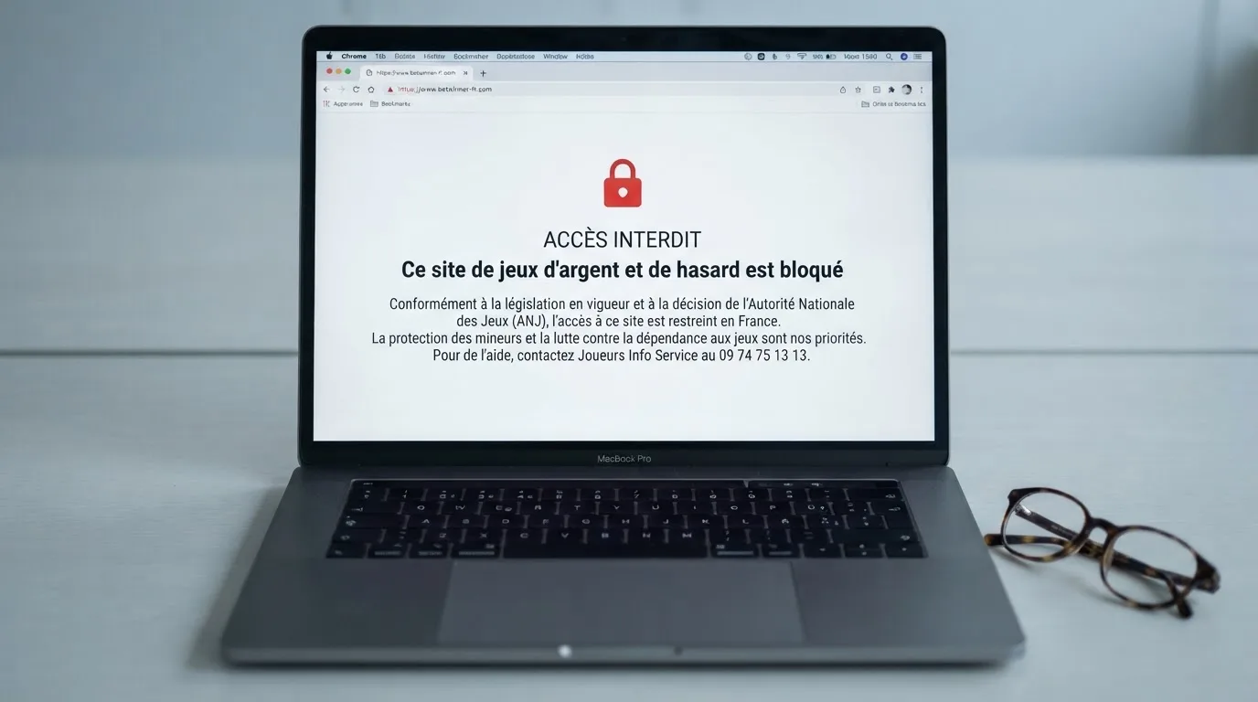 Page d'un navigateur affichant un message d'accès bloqué à un site de jeu, symbolisant le blocage administratif