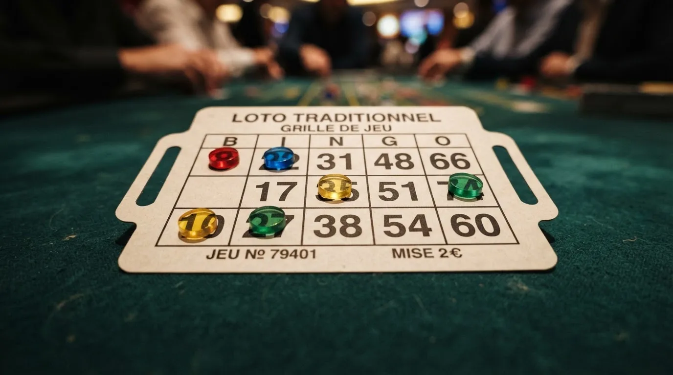Grille de bingo avec un carton 3 lignes sur 9 colonnes et des jetons numérotés posés dessus