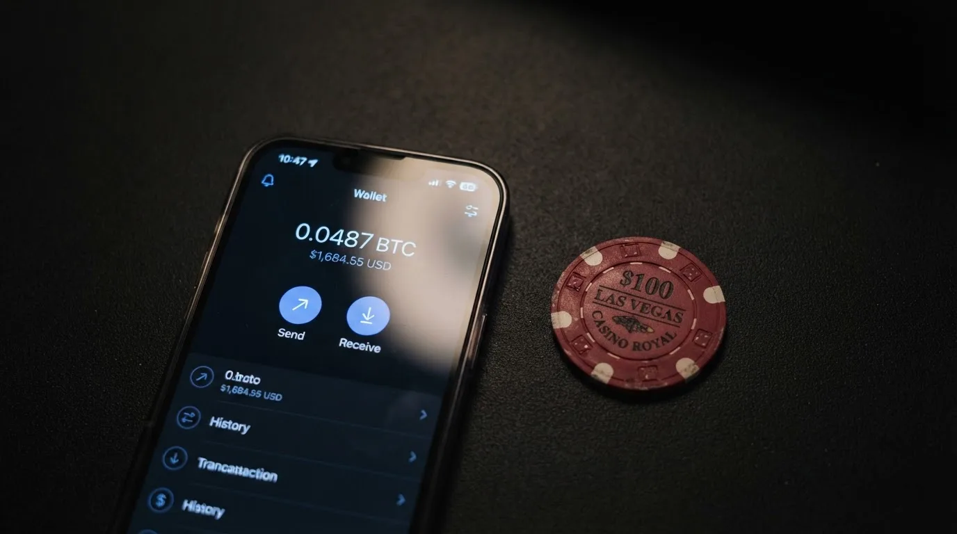 Portefeuille numérique affichant un solde en cryptomonnaie prêt à être transféré vers un compte de jeu