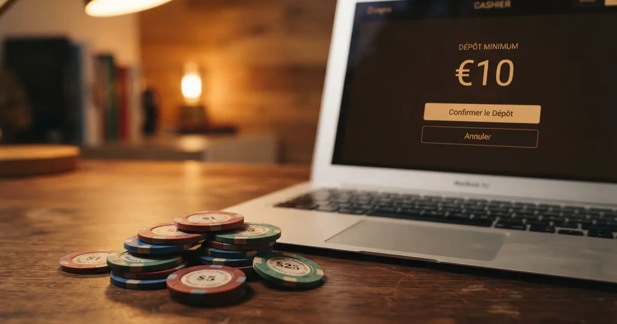 close crop of a euro-coin stack of ten one-euro coins next to a laptop showing an online casino cashier deposit screen