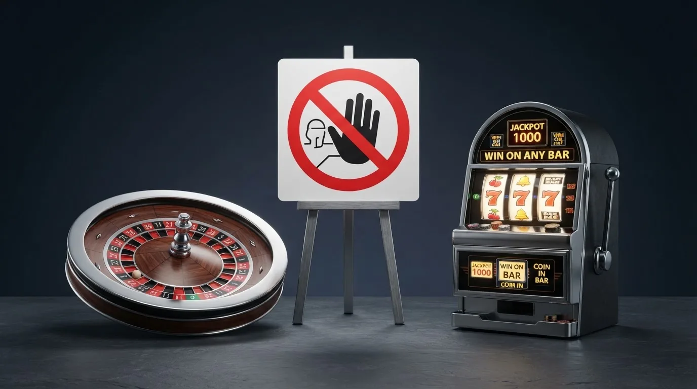 pictogramme d'interdiction superposé à une roulette et des machines à sous, illustrant l'interdiction du casino en ligne en France
