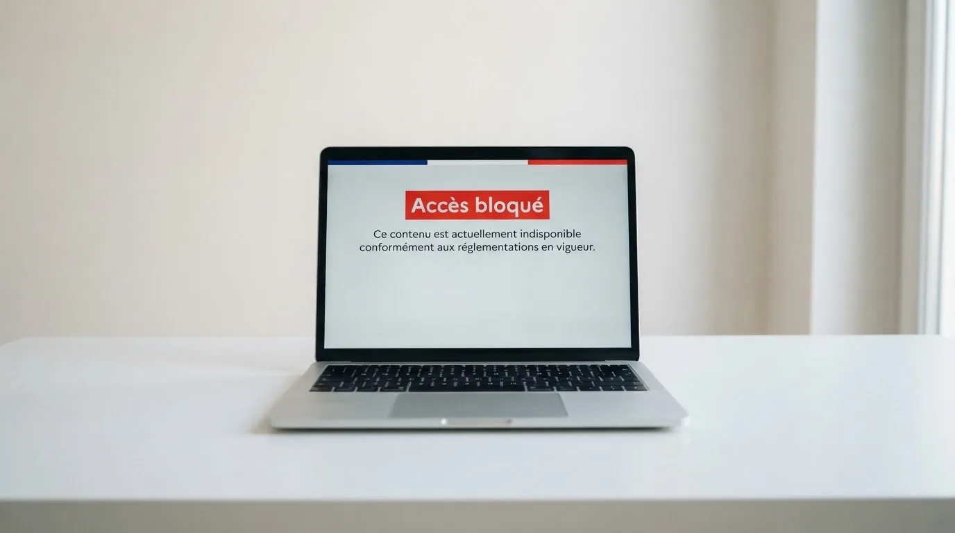 Un écran d'ordinateur affiche un message d'accès bloqué à un site de jeux d'argent non autorisé, sur fond de drapeau français stylisé.
