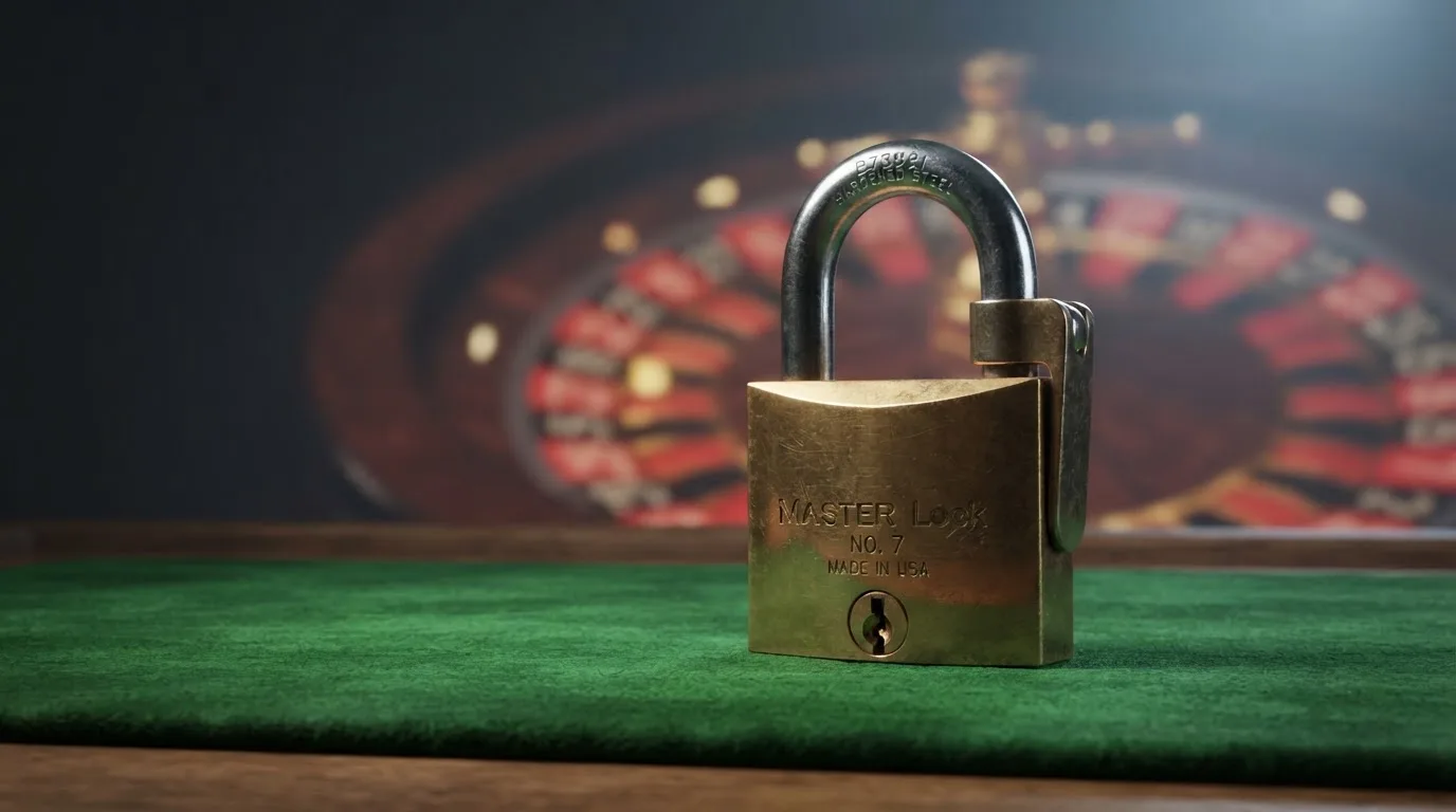 Le logo de l'Autorité nationale des jeux (ANJ) associé à un symbole d'interdiction sur fond de roulette de casino.