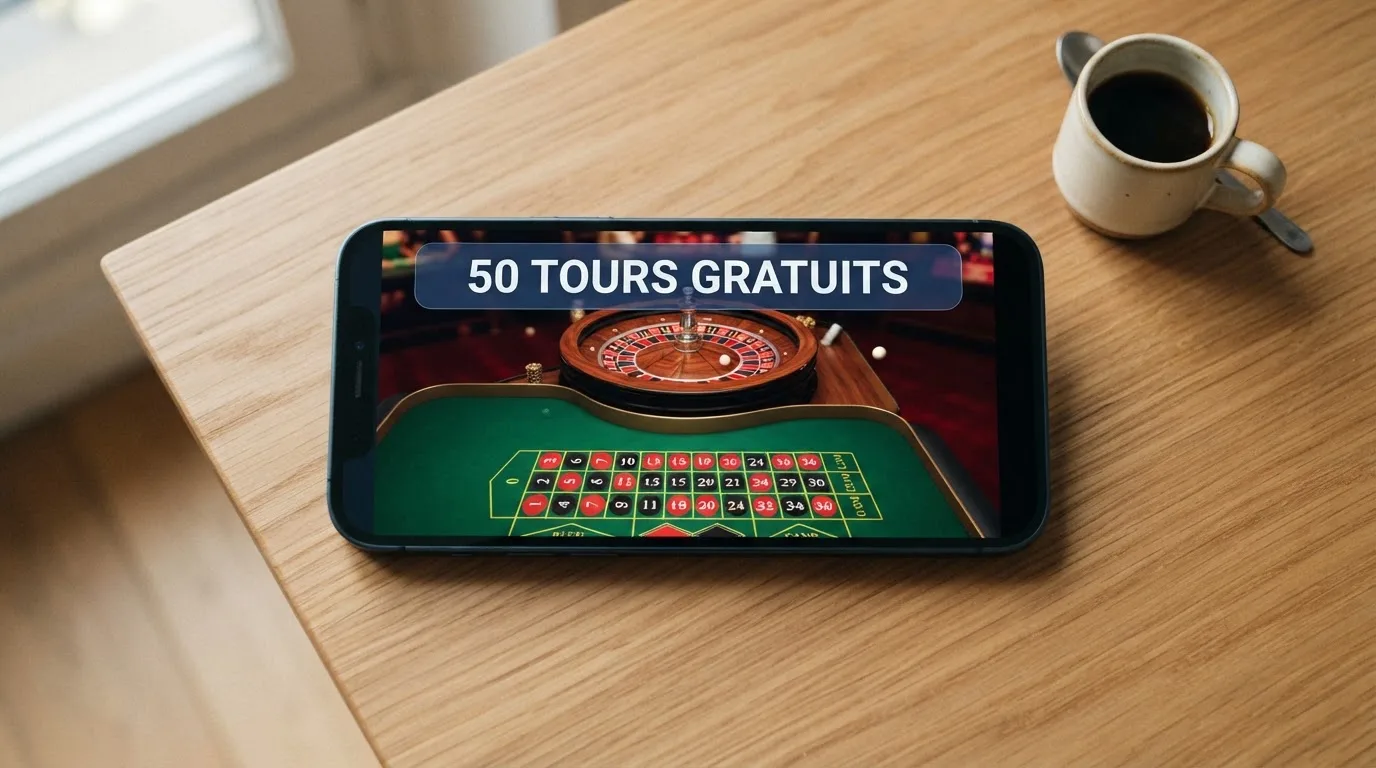 Écran de smartphone affichant l'interface mobile d'un casino en ligne avec une notification de tours gratuits