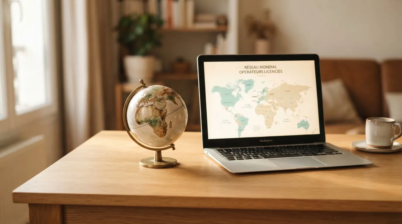Un globe terrestre posé à côté d'un ordinateur portable affichant une carte du monde.