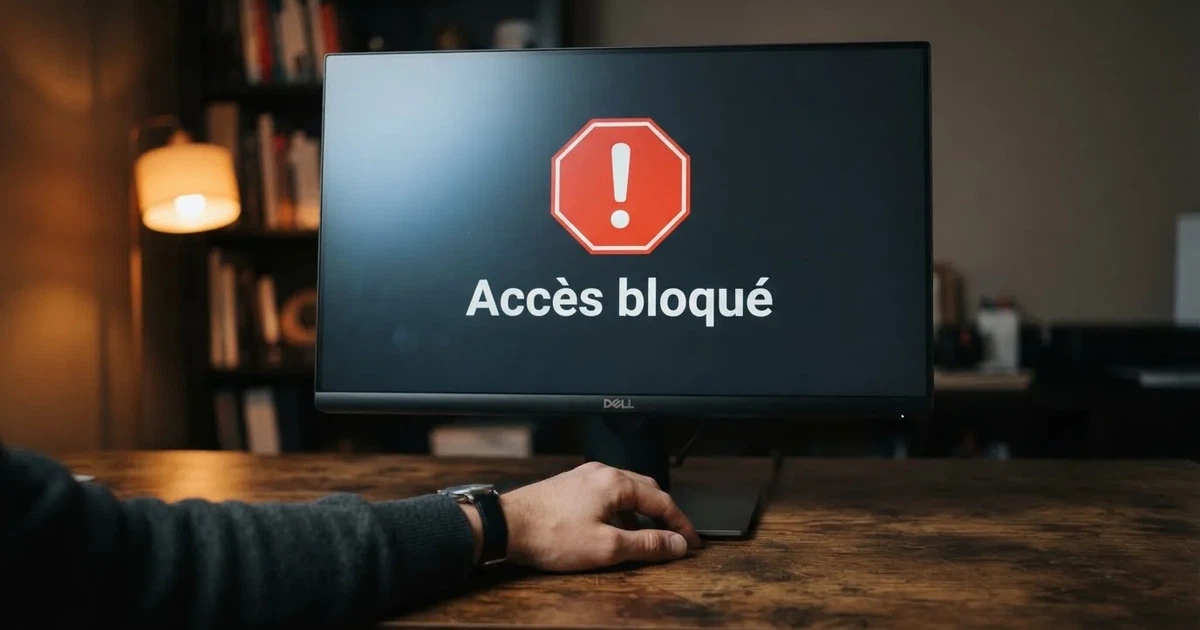 Un panneau d'avertissement numérique affichant un accès bloqué sur un écran d'ordinateur.