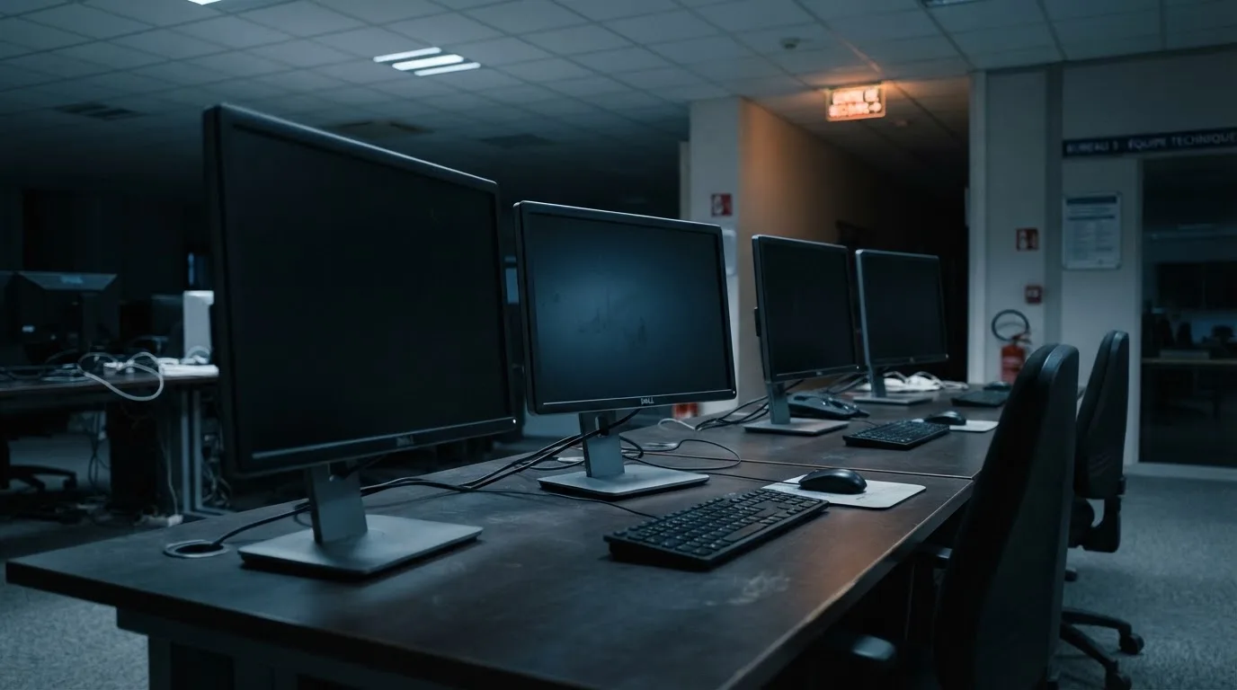 Une rangée d'écrans d'ordinateur éteints dans un bureau vide.