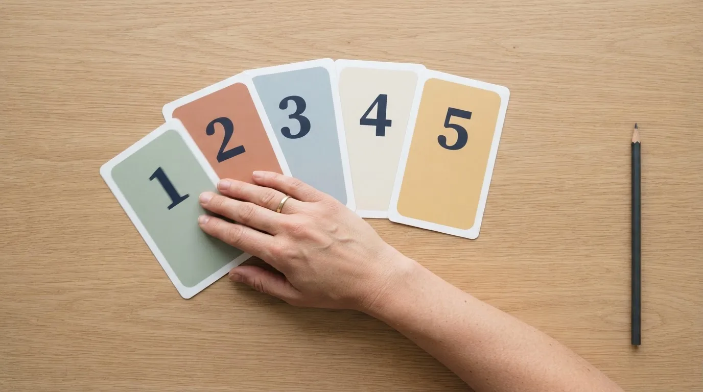 overhead flat-lay of a hand ranking printed casino logos on numbered cards on a desk