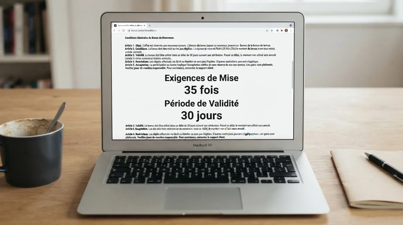 Capture d'ecran des conditions generales d'un bonus de bienvenue en ligne