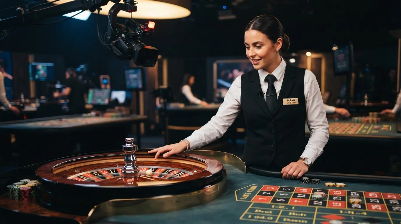 a live dealer standing at a roulette wheel under studio lighting, streaming camera visible above the table