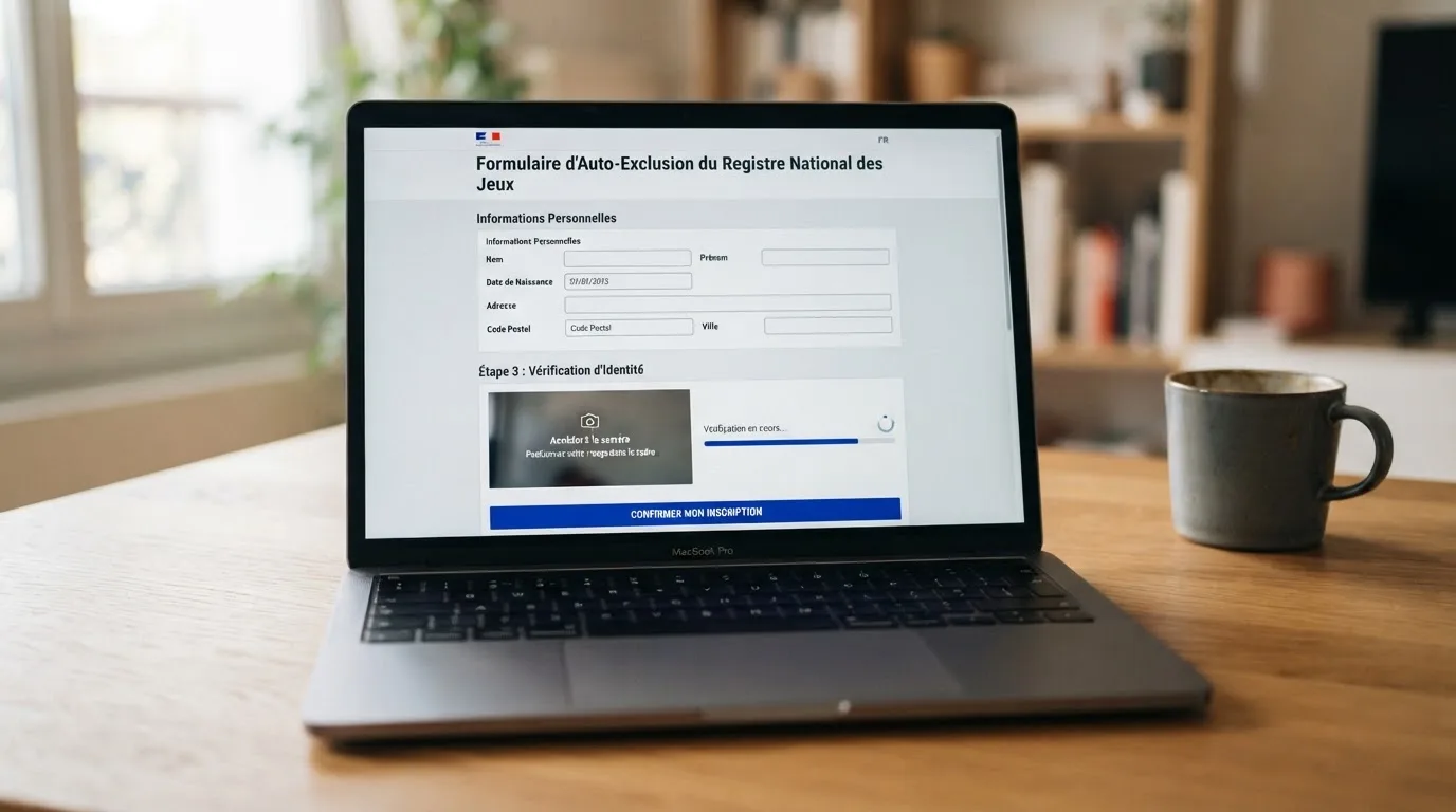 a laptop screen showing a government self-exclusion registration form with an identity-check step, no logos visible