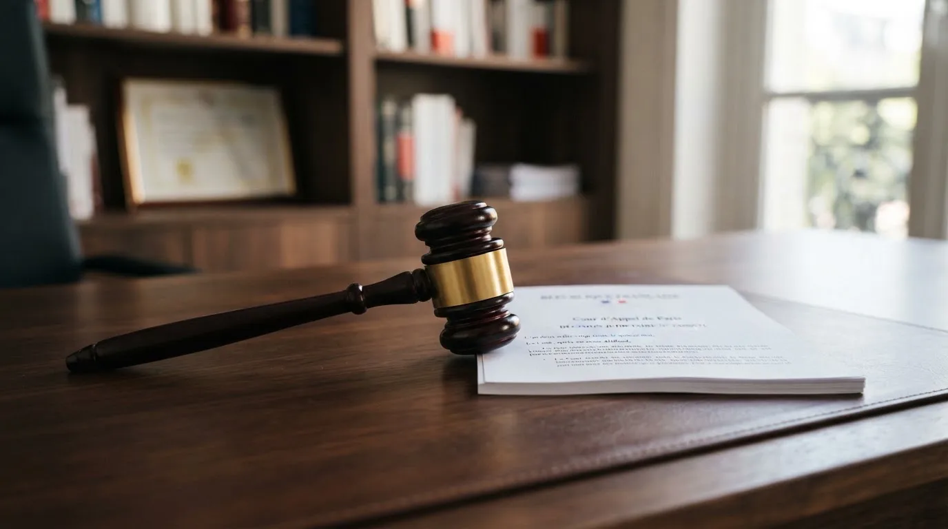 A gavel resting beside official regulatory documents on a wooden desk