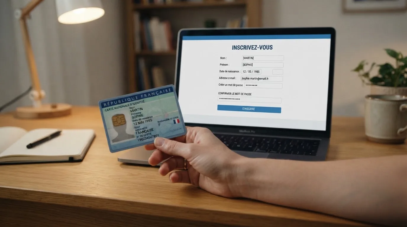 Close-up of a hand holding an identity document next to a laptop showing an online registration form