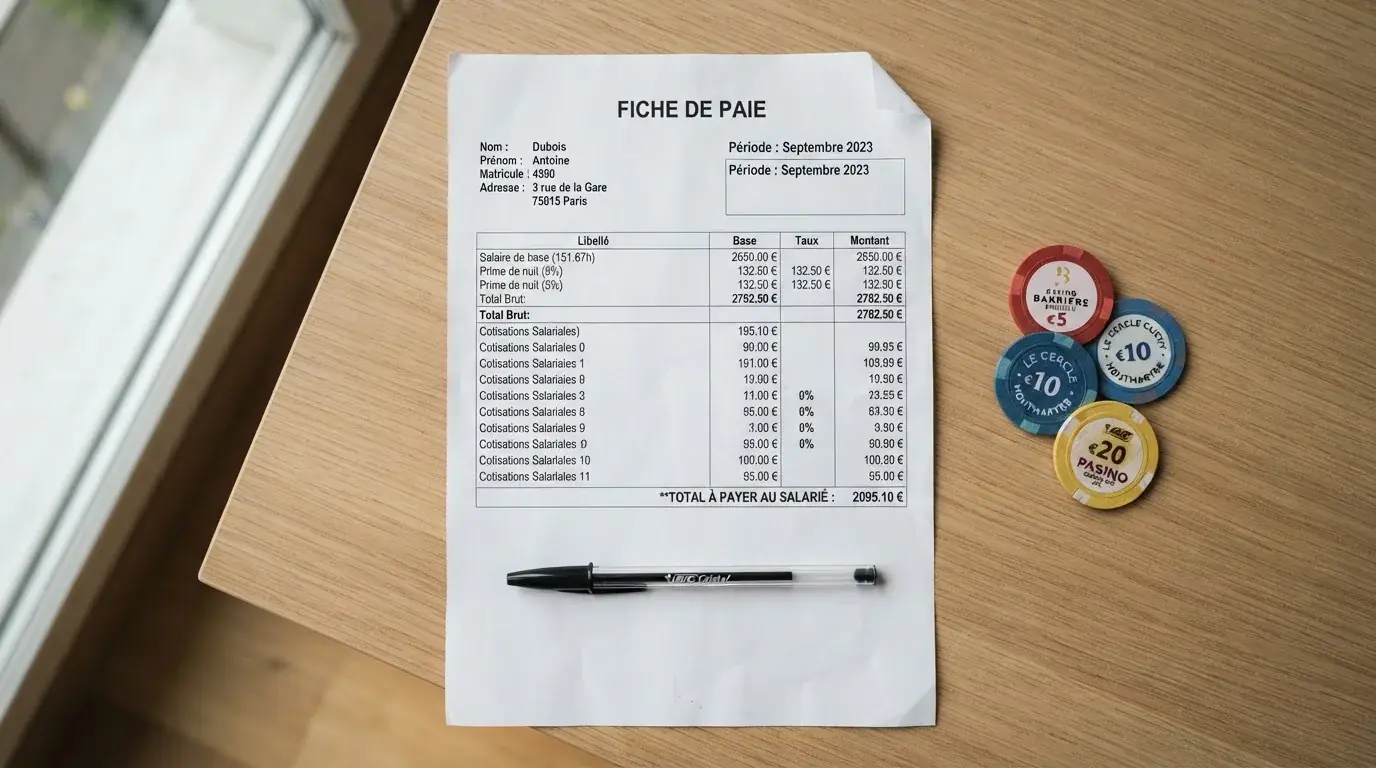 Fiche de paie détaillant le salaire mensuel brut d'un croupier de casino
