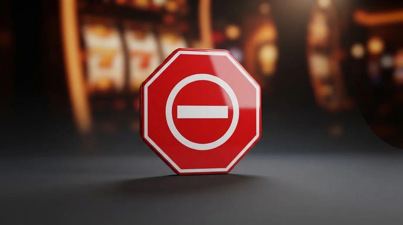 a red official-style stop/prohibition icon overlaid on a blurred casino slot-reel background