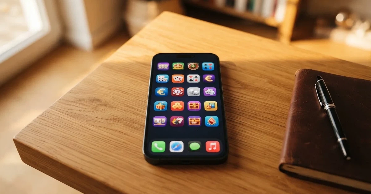Écran de smartphone affichant une grille d'icônes d'applications de jeux, sans nom de marque lisible.