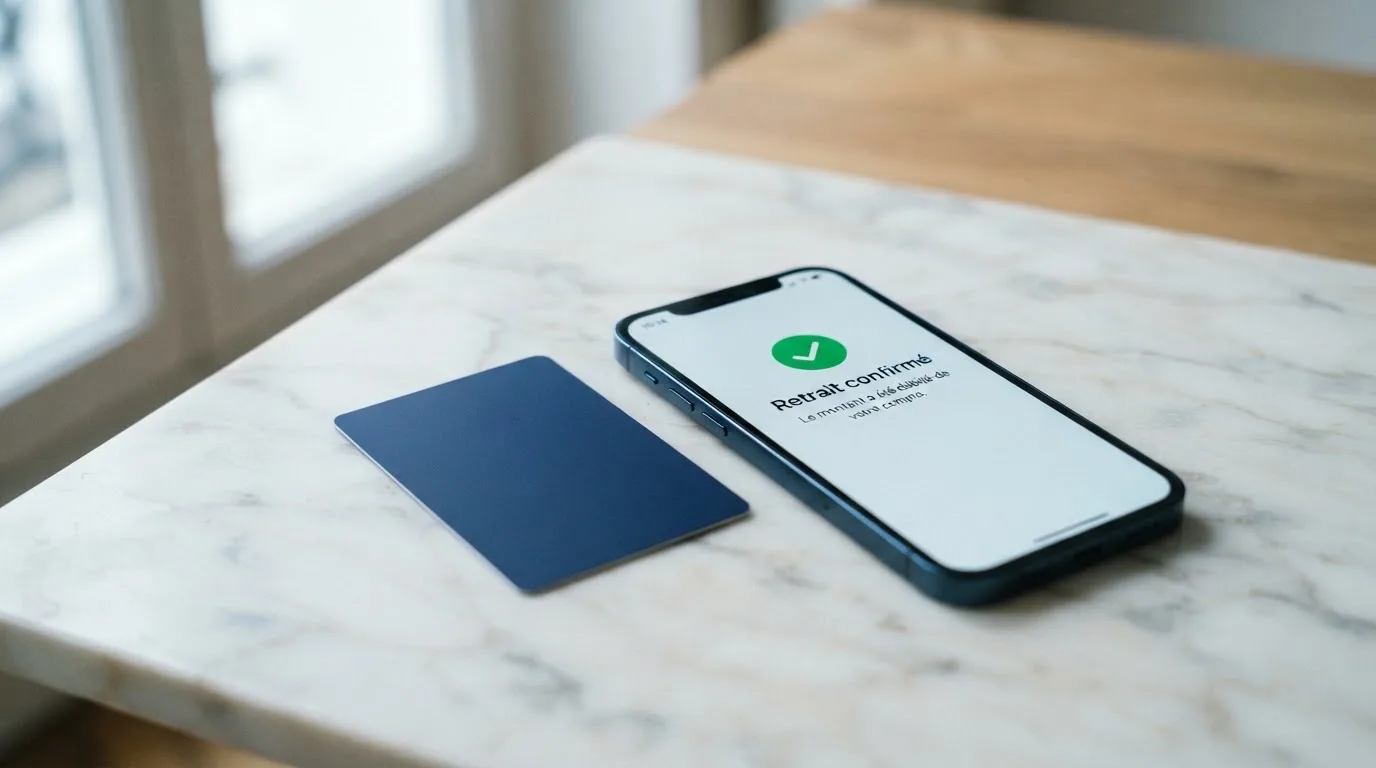 Close-up of a bank card and a smartphone displaying a payment confirmation screen
