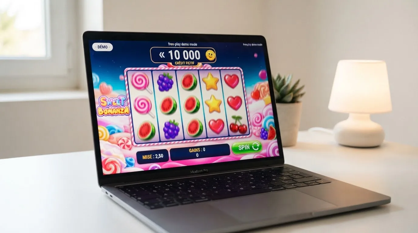 Interface de mode démo d'une machine à sous en ligne, avec un solde affiché en argent fictif