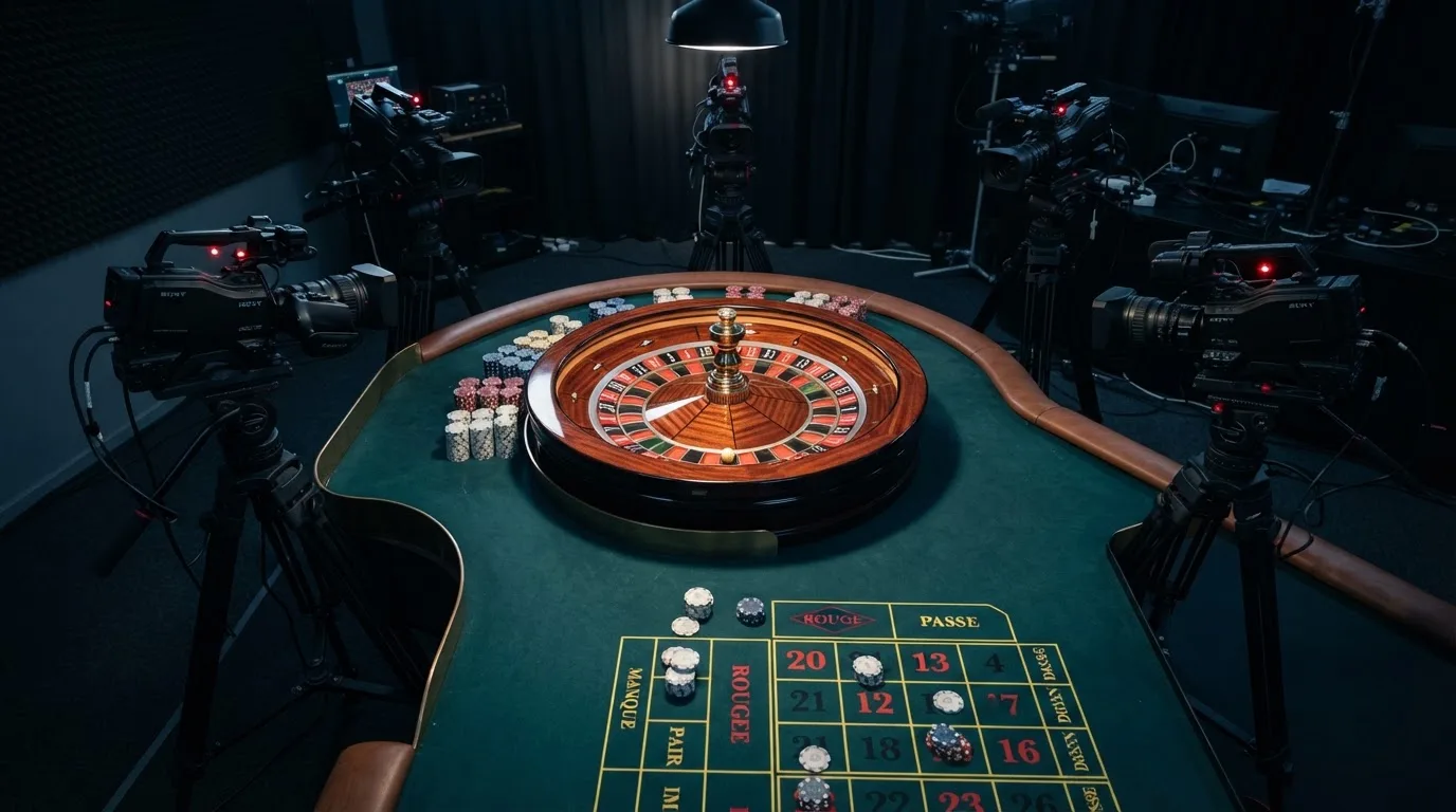 Table de roulette filmée en studio et retransmise en flux vidéo vers l'écran du joueur